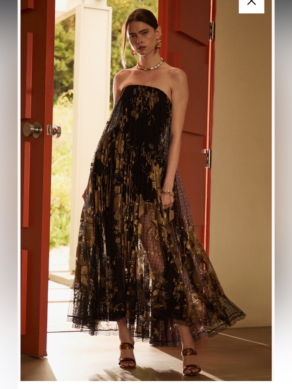 helsi delphanie black gold metallic floral strapless pleated maxi gown dress XS